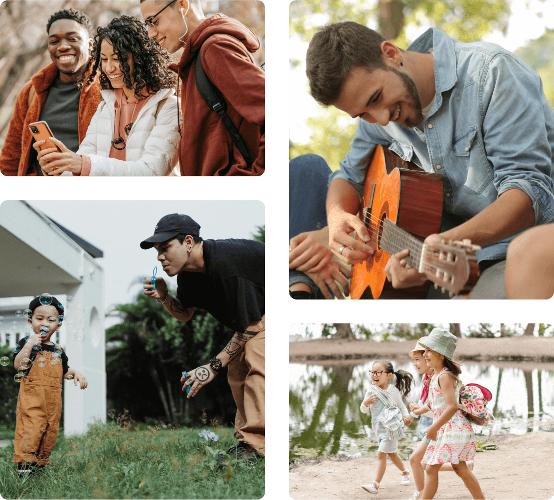 Collage of happy, relaxed adults and children