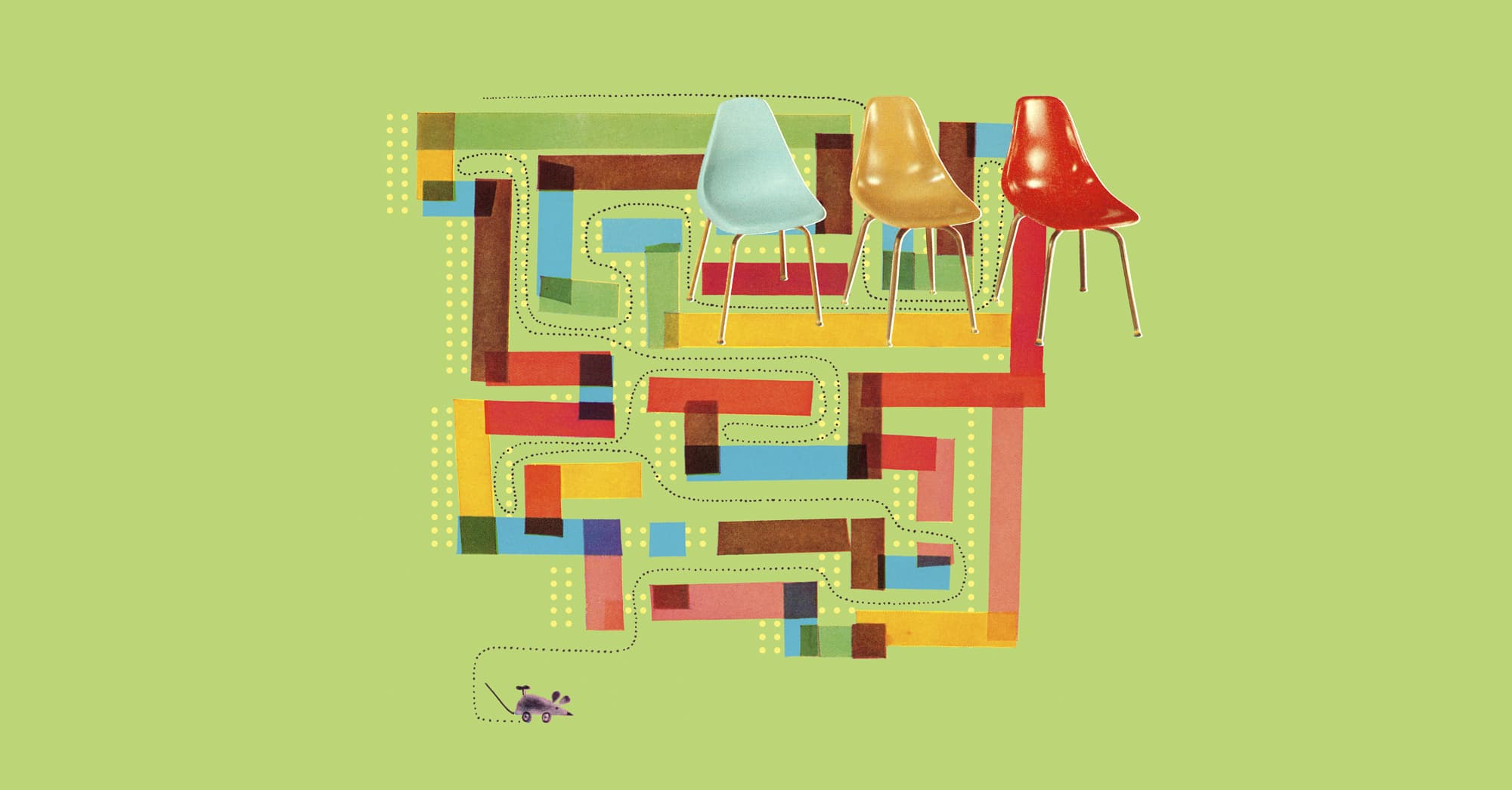 Sillas de colores pastel sobre fondo verde con diseño geométrico.