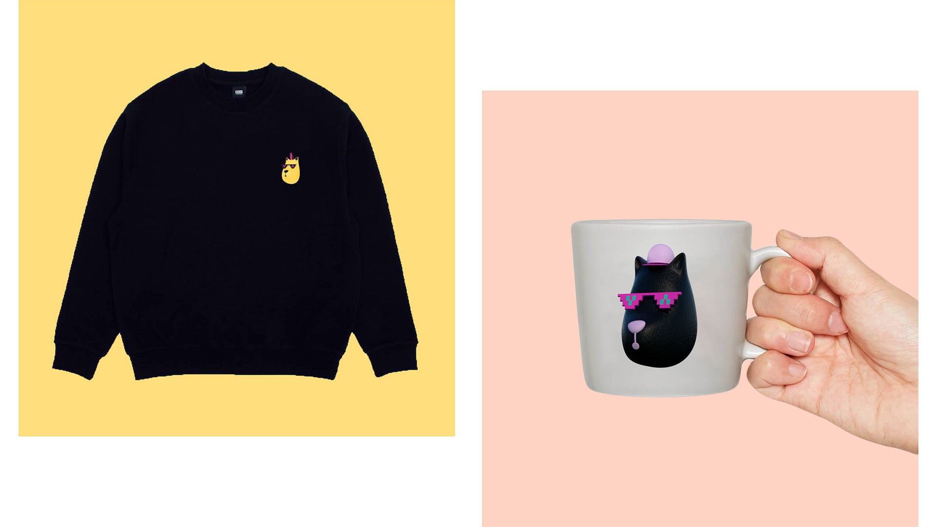 A black sweatshirt with a small yellow cat face on the left chest and a small pink cat face on the right sleeve is shown against a yellow background. The right side shows a hand holding a white mug with a black cat wearing pink sunglasses and a small pink hat.
