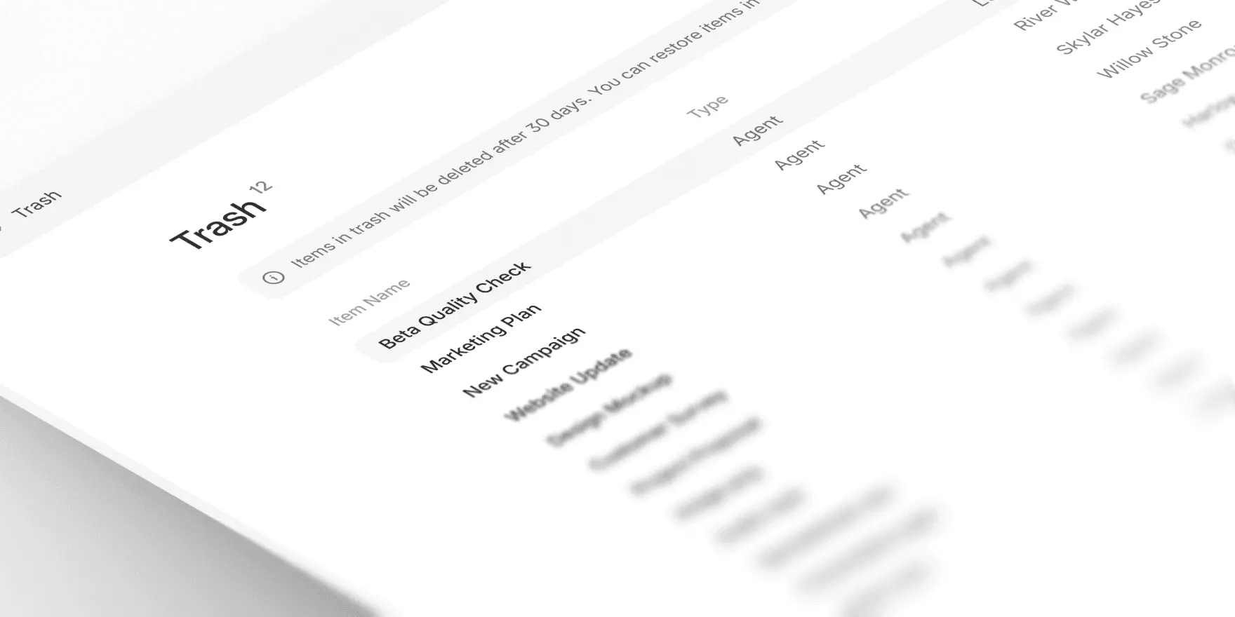 Trash page with items: Beta Quality Check, Marketing Plan