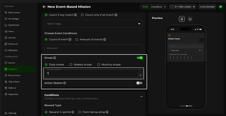 Loyalty platform interface for configuring a new event-based mission with daily streak settings