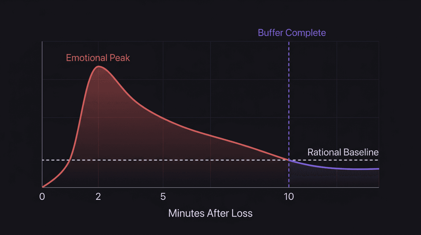Timeline showing emotional spike peaking at 2 minutes after a loss and fading by 10 minutes