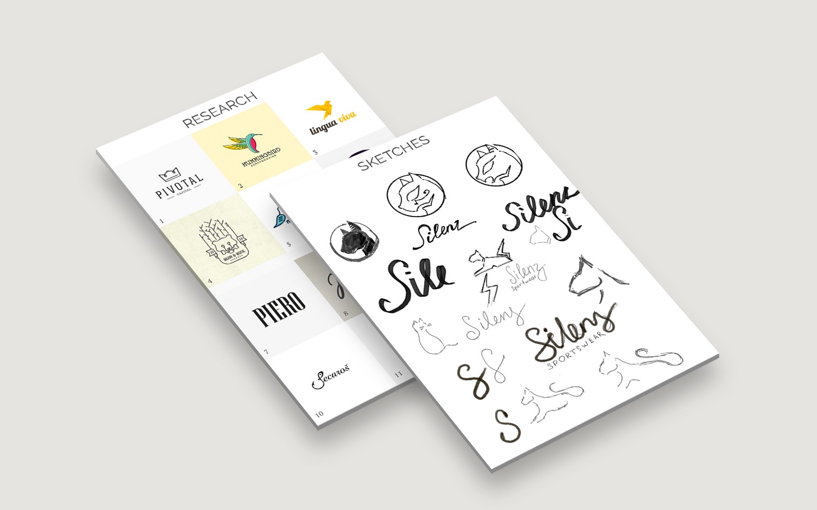 Brand concept sheet displaying Silenz Sportswear logo sketches and design research inspiration.