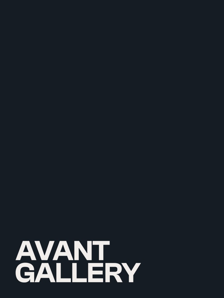 Dark navy poster mock-up with “AVANT GALLERY” in large off-white uppercase letters aligned to the bottom left.