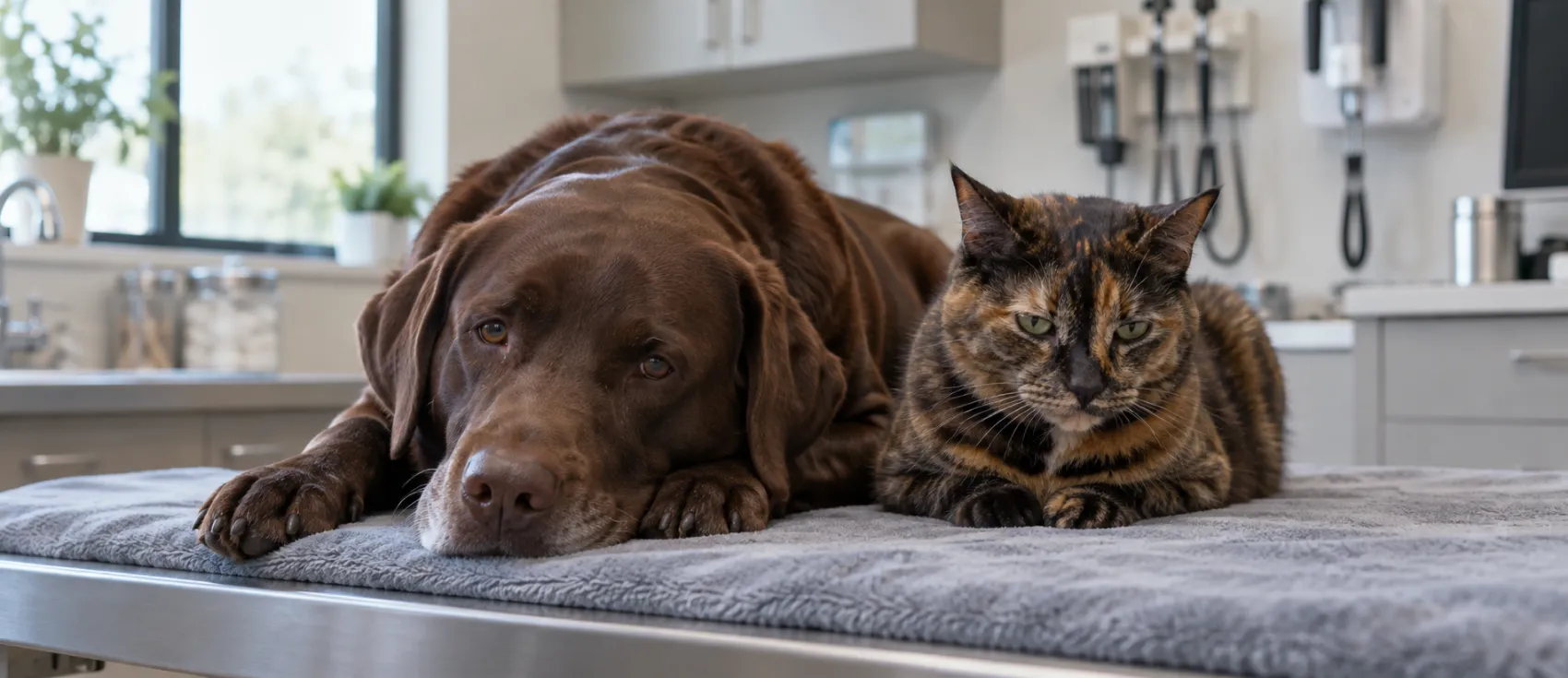 A Labrador and a tabby cat lie together on a bench.