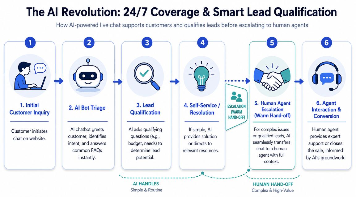 A six-step infographic illustrating how AI-powered live chat handles customer inquiries, qualifies leads, and escalates to agents.