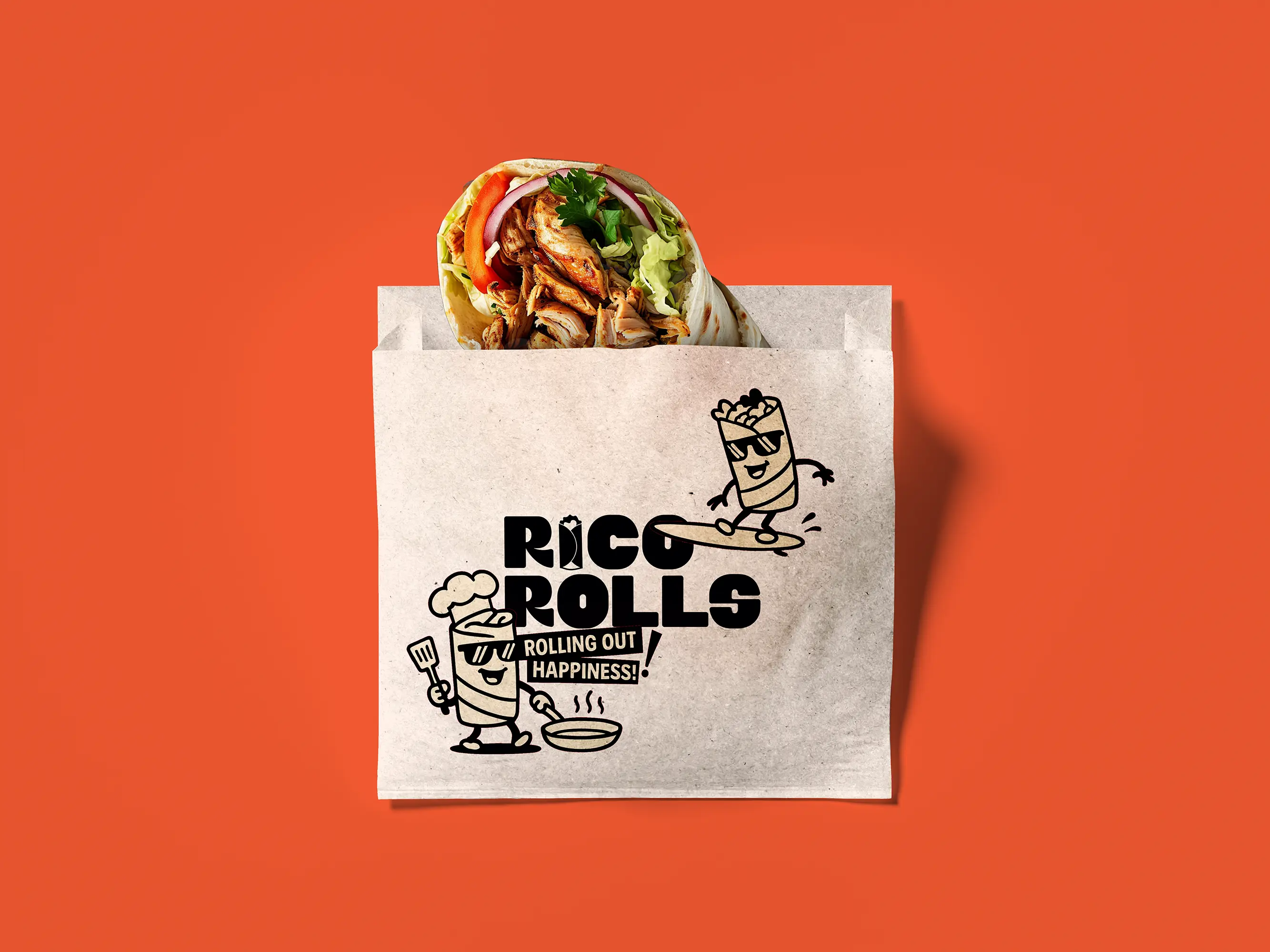 Rico Rolls branding mockup featuring a food bag with the Rico Rolls logo and mascot illustrations, holding a fresh wrap filled with chicken and vegetables against an orange background