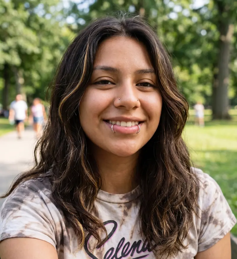 frontal shot of young woman with pierced nasal septum in austin, TX