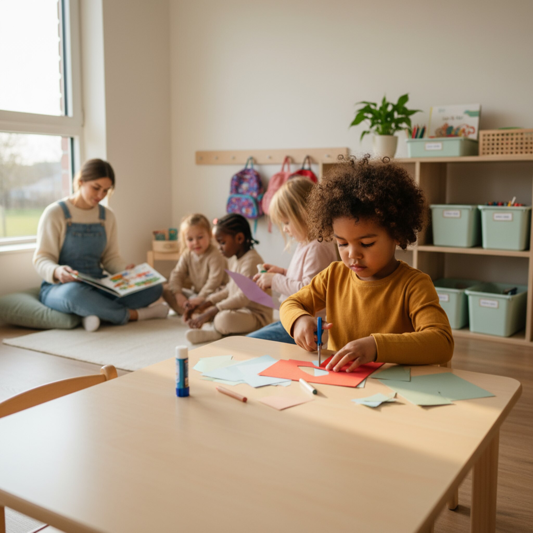 Lebendige Szene im Gruppenraum einer Kita am Nachmittag, Kinder basteln an niedrigen Tischen, ein Betreuer liest vor, ordentliche Materialien, weiches Fensterlicht