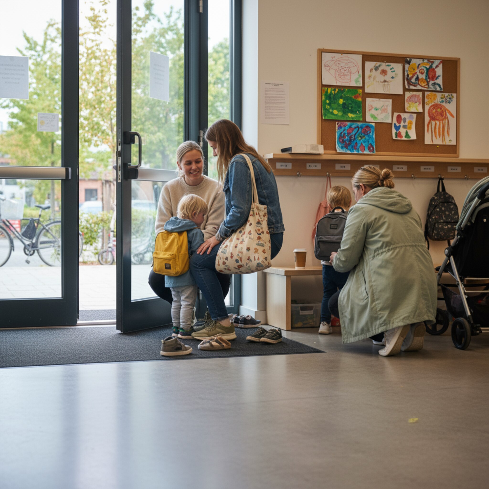 Realistische Fotografie eines hellen Kita-Eingangs am Morgen, diverse Eltern bringen Kinder, eine Erzieherin begrüßt freundlich, warme Farben, natürliche Beleuchtung, keine Bildschirme sichtbar