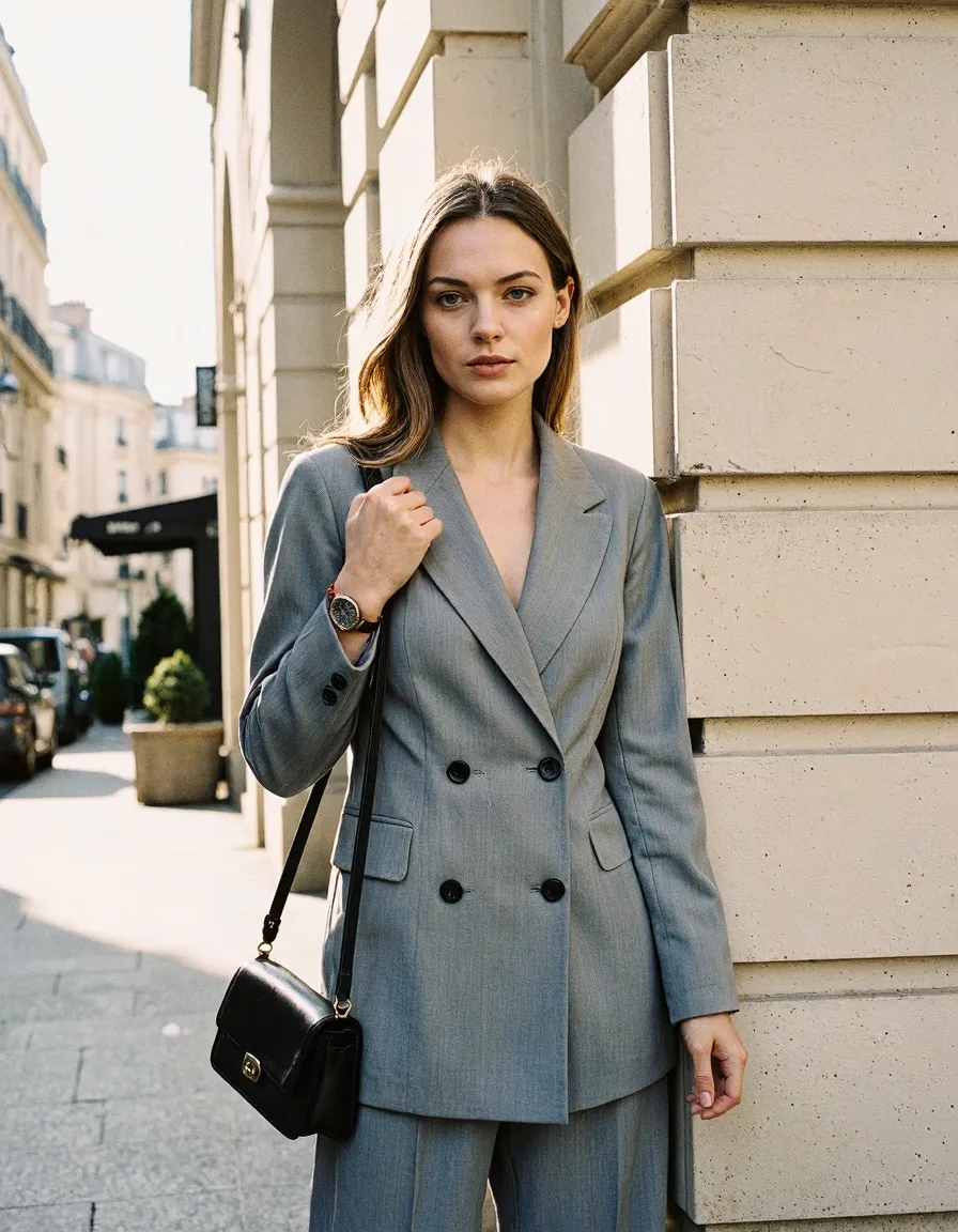 Woman in gray blazer suit with black bag on city street, professional fashion photography style