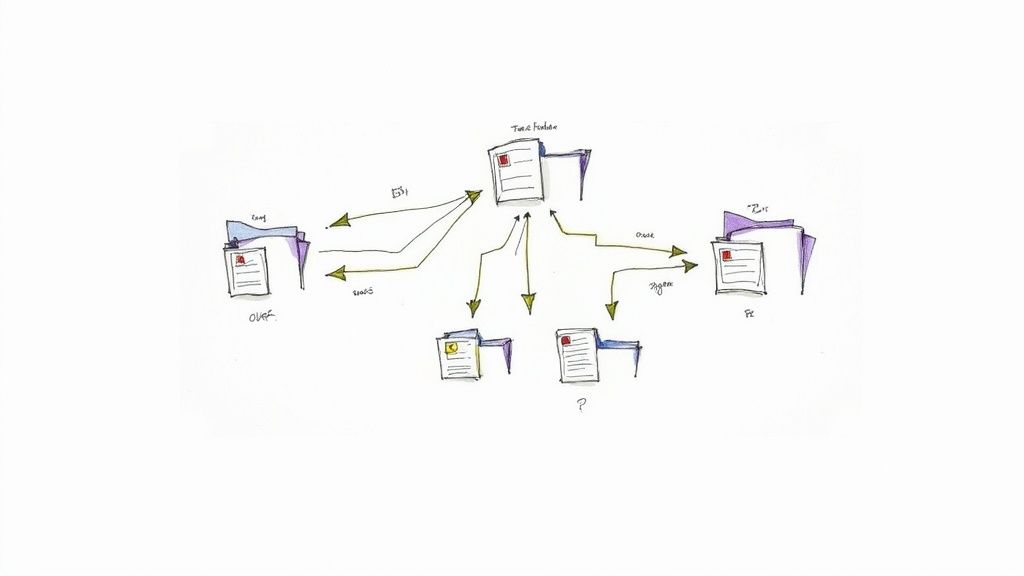 Hand-drawn diagram illustrating data flow and connections between various systems and folders like Time Folder and Oracle.