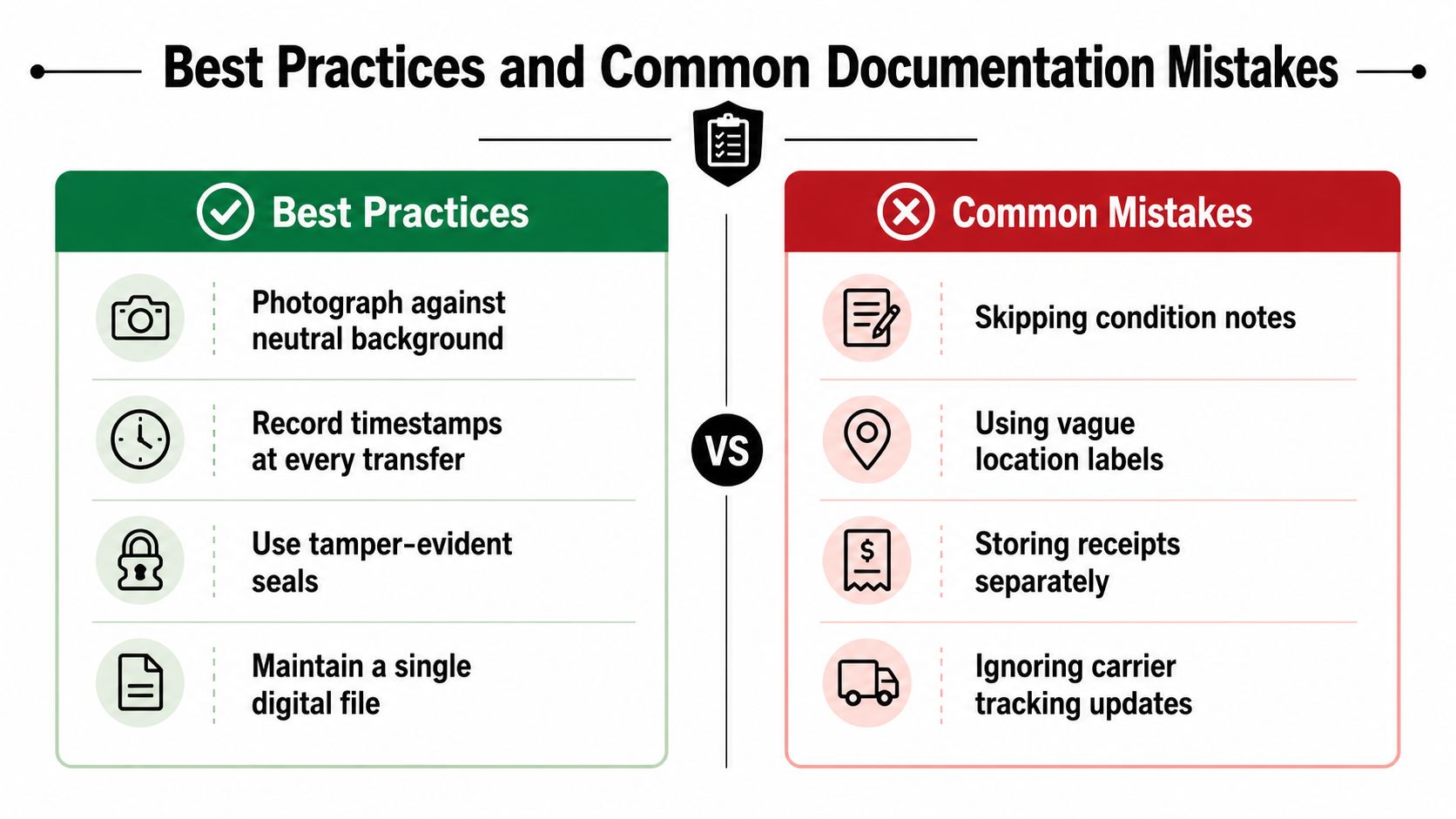 A comparison chart highlighting best practices versus common mistakes in documentation processes with icons for each item.