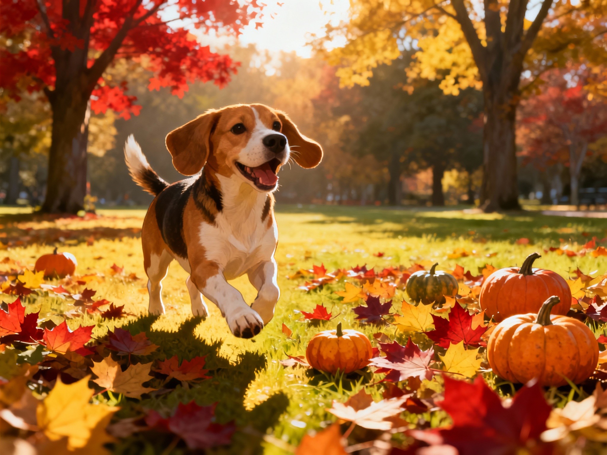 An early morning outdoor park setting capturing a playful beagle surrounded by fallen colorful maple