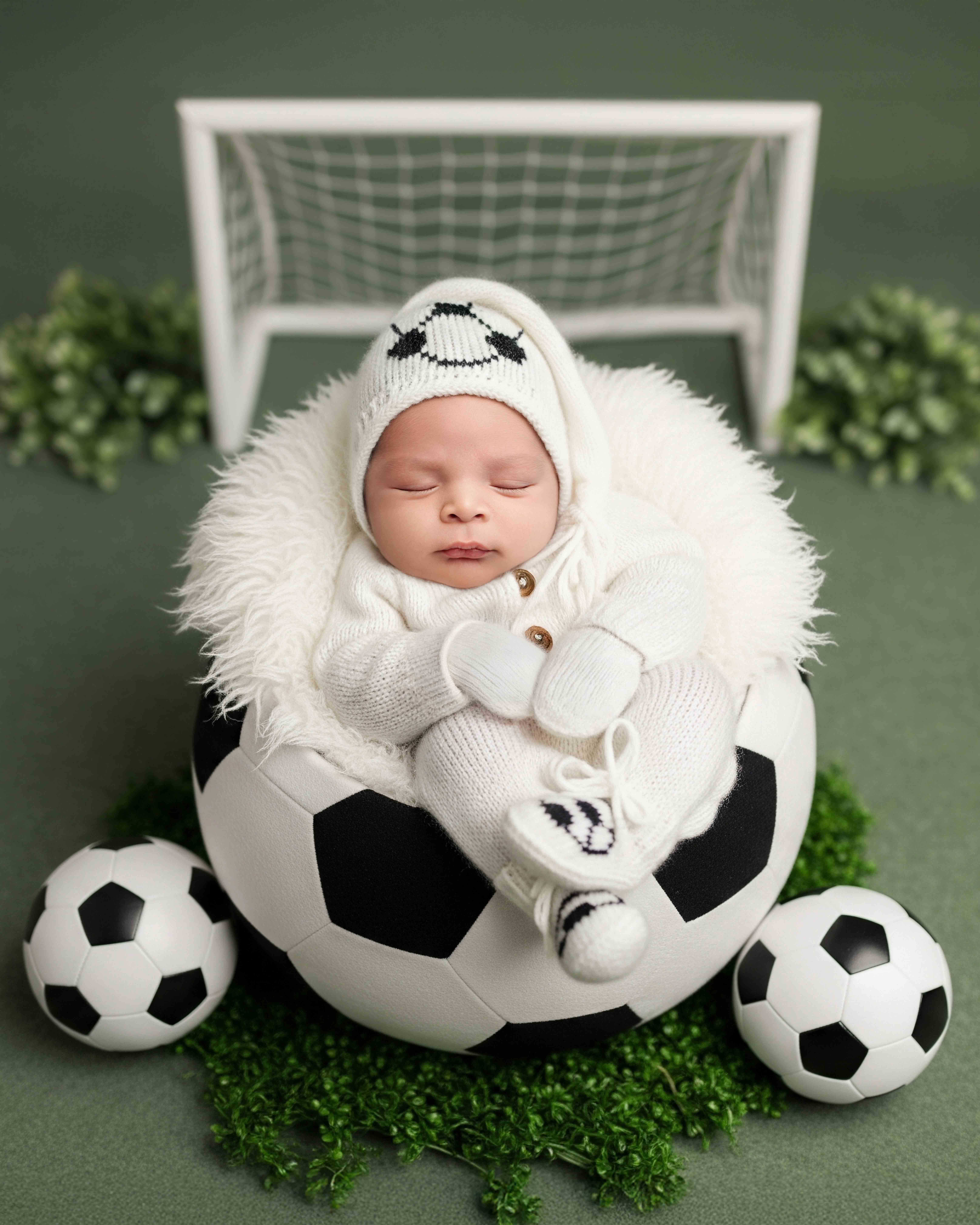 Newborn baby posed in soccer-themed setup with ball props and cozy white outfit