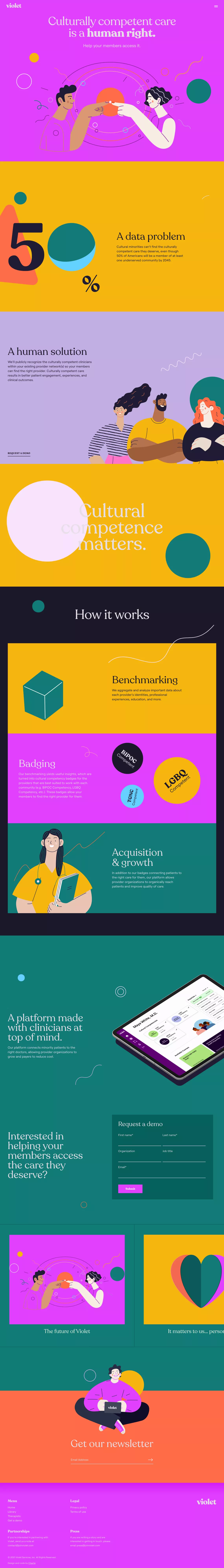 Violet landing page screenshot showcasing HR and Tech design