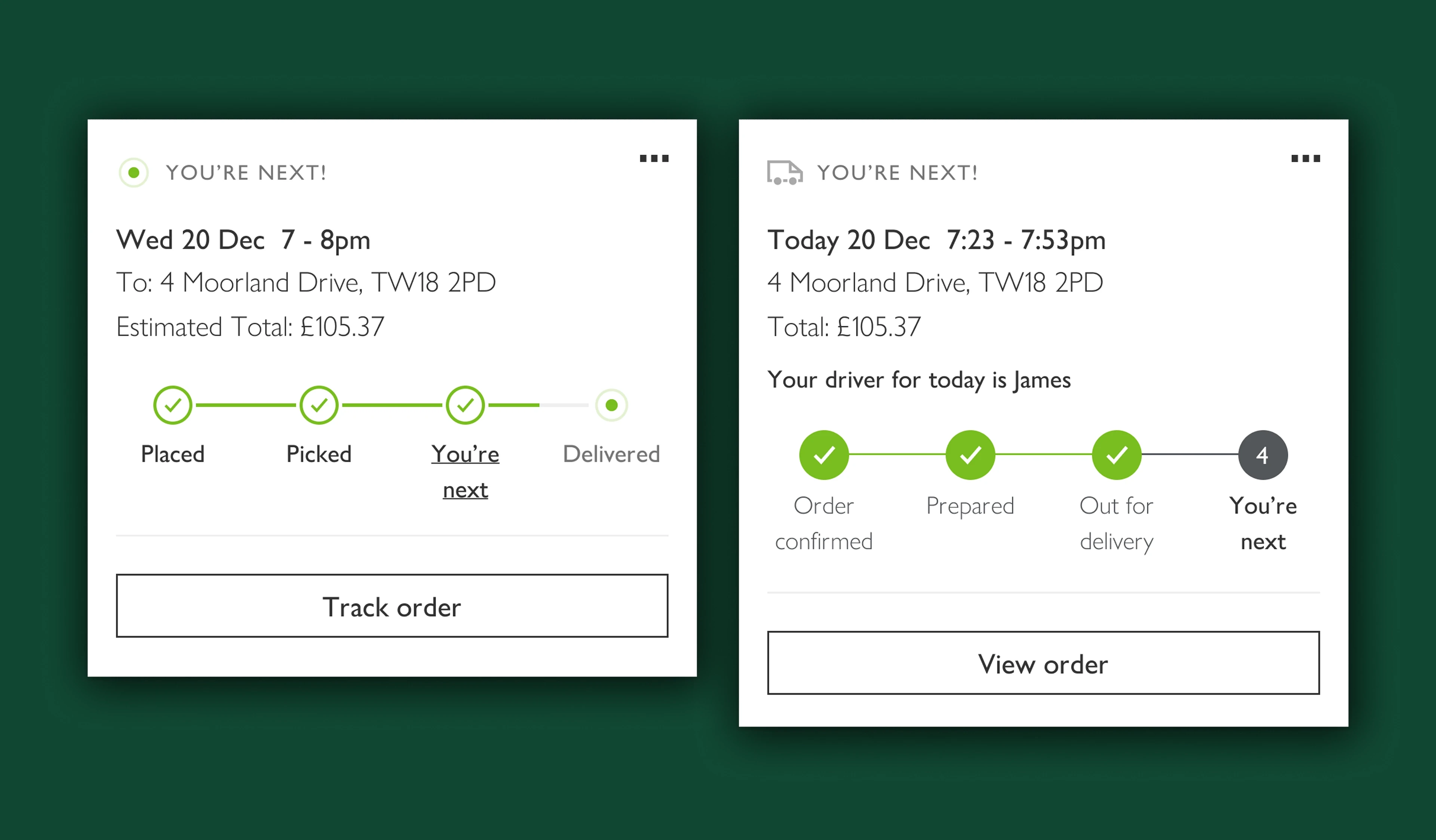 Side-by-side comparison of the old You’re next card with a dot progress bar and fixed date, next to the new card with a checkmark progress bar, relative date, and driver name.