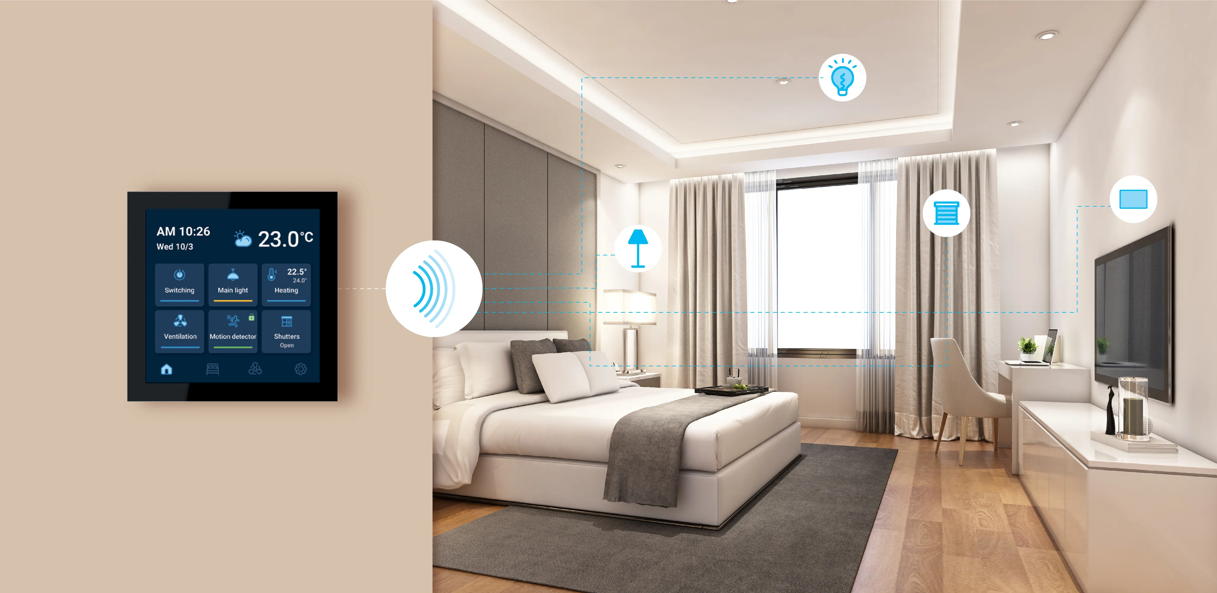 Modern bedroom interior with highlighted smart automation icons for lighting, climate, and control.