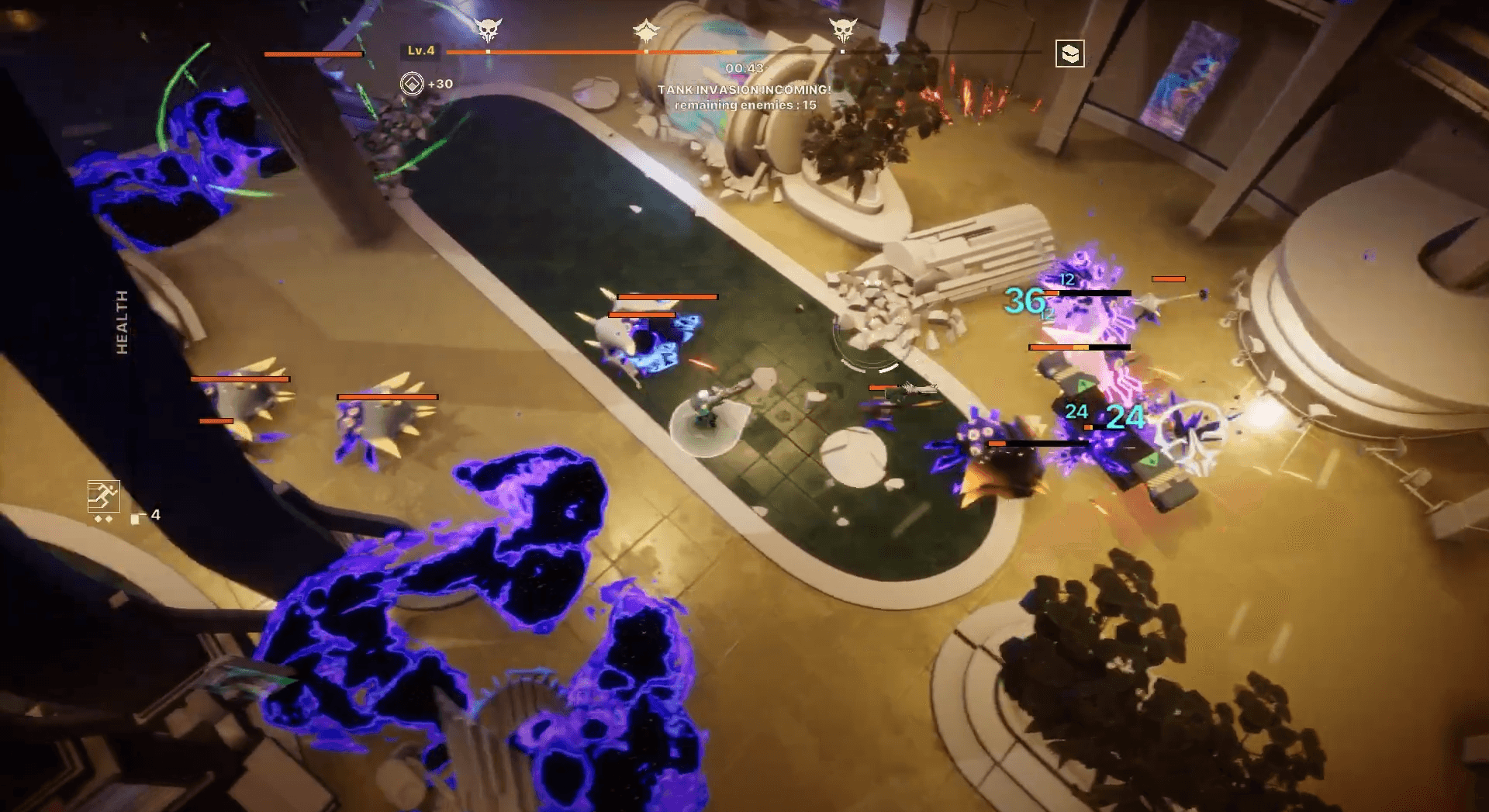 Capture d'écran d'un jeu vidéo : vue aérienne d'une bataille intense entre plusieurs personnages dans un environnement futuriste.