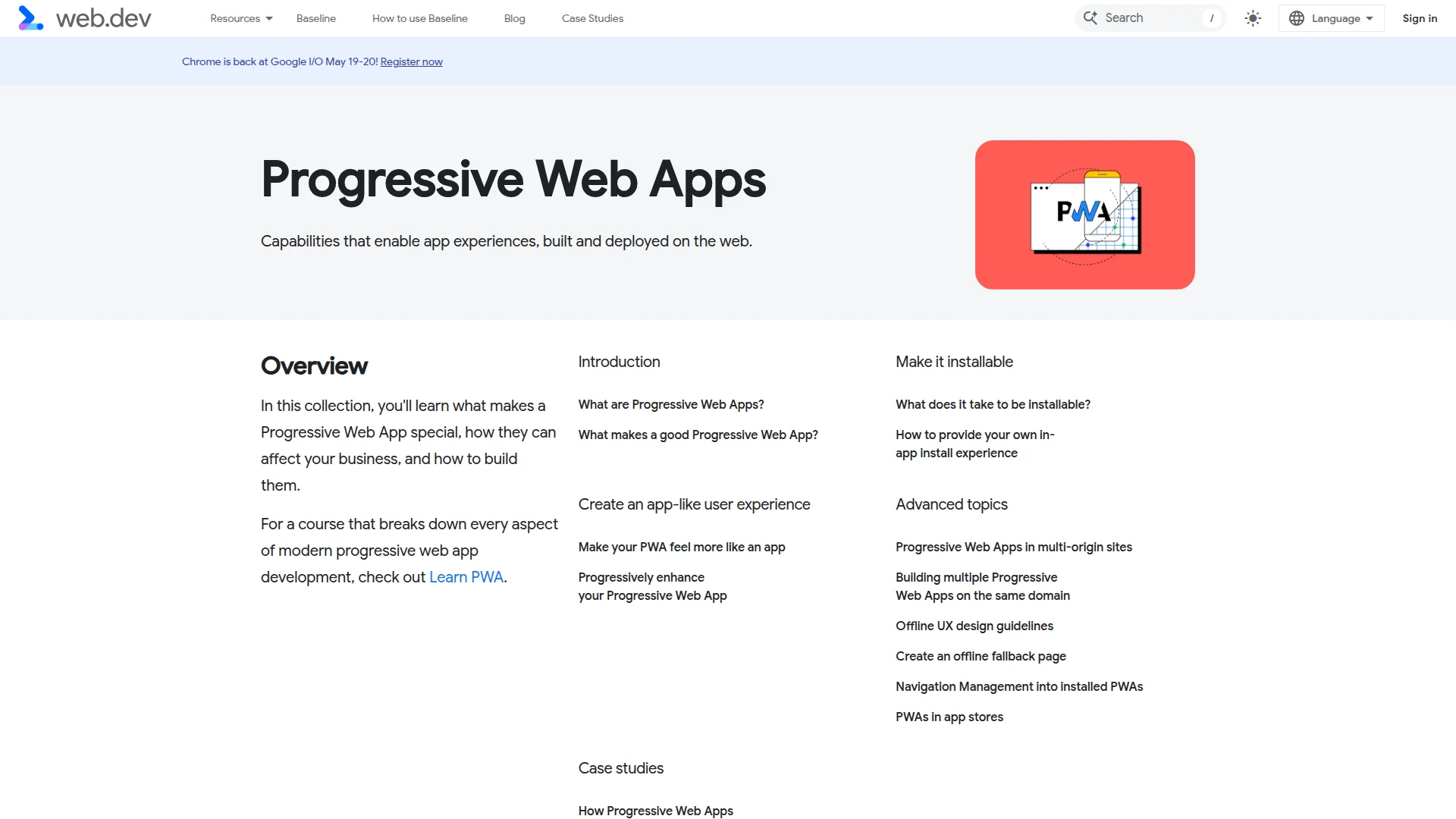 Google web.dev Progressive Web Apps documentation page showing PWA capabilities