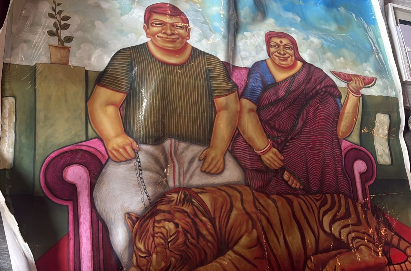 herd of sheep on road painting