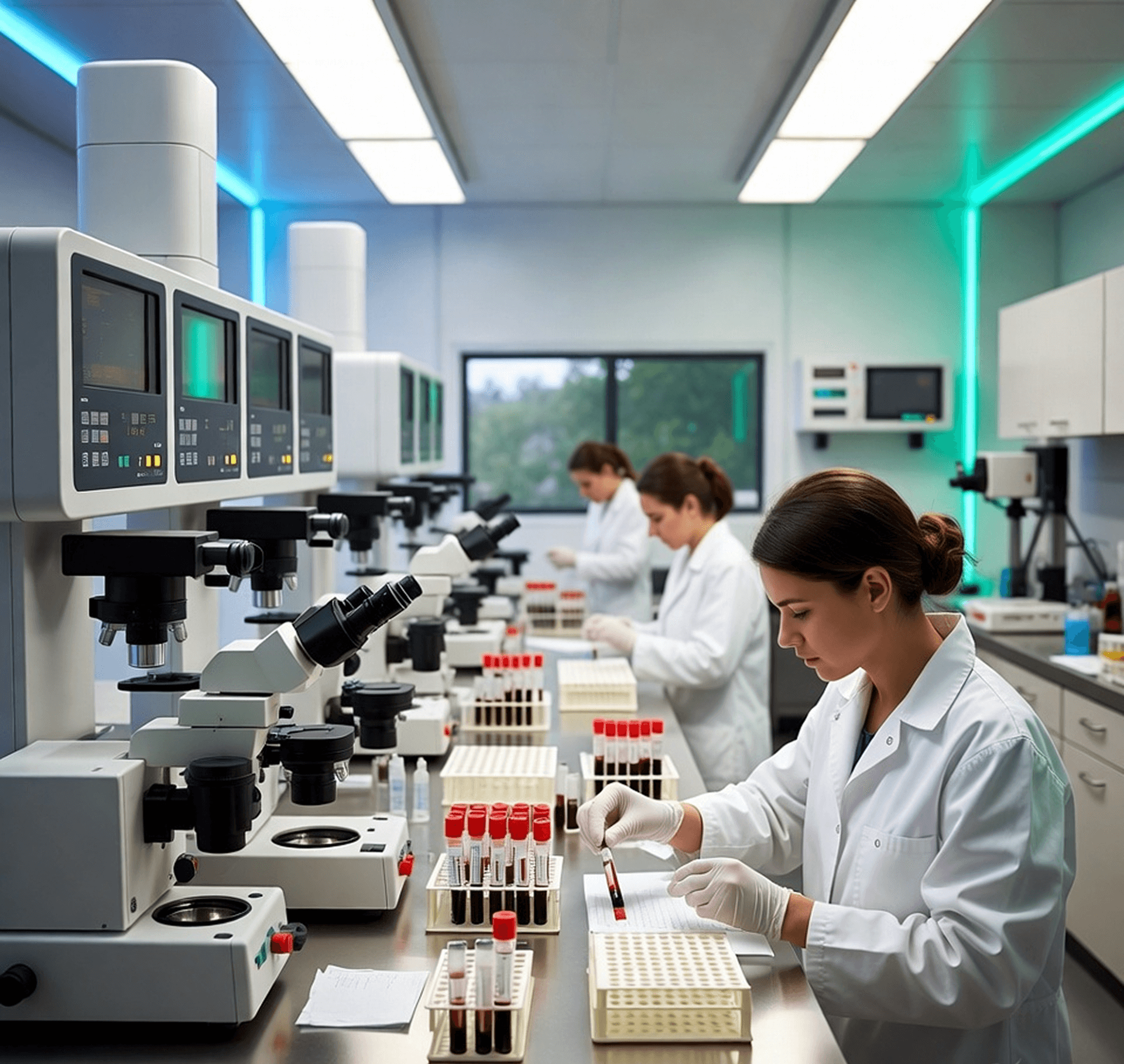 Scientist examining a blood sample in a lab.
