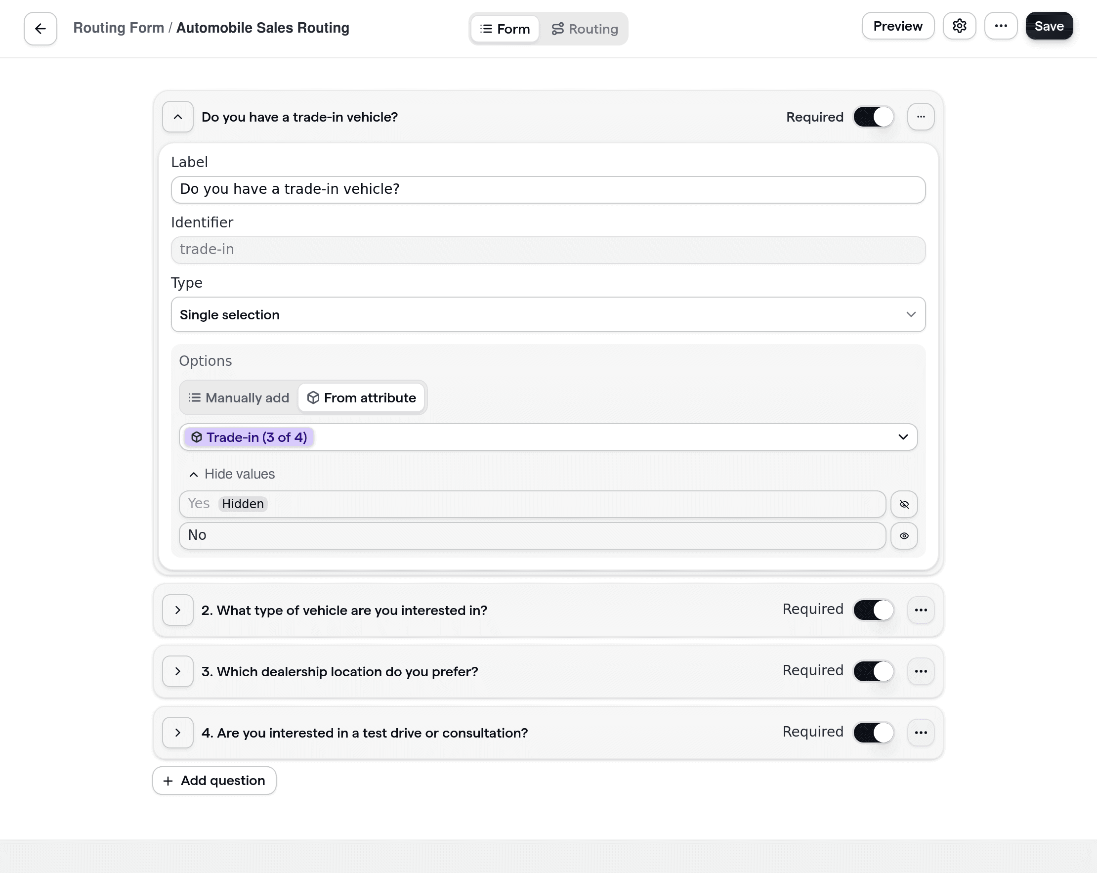 Automobile sales routing form with dynamic questions for vehicle preference, location, and appointment type.