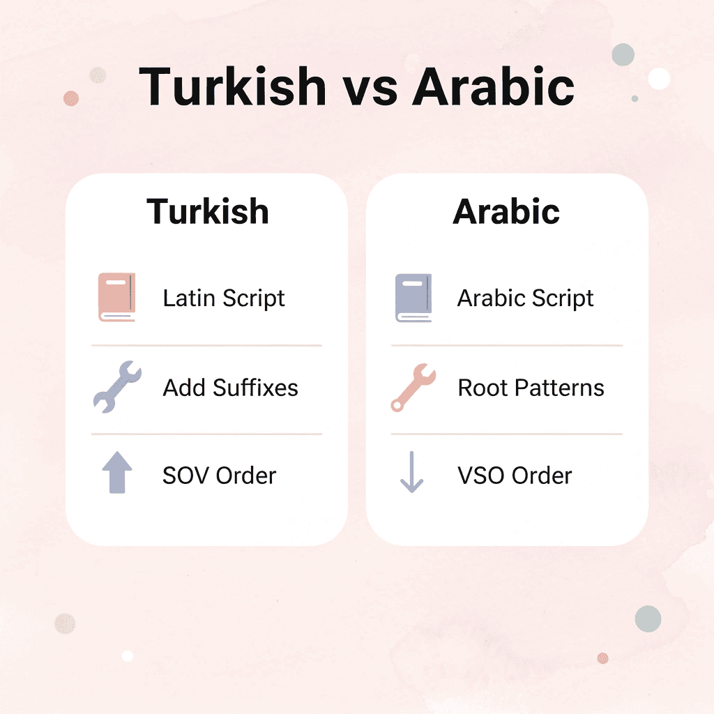 Comparison table showing key differences between Turkish and Arabic languages