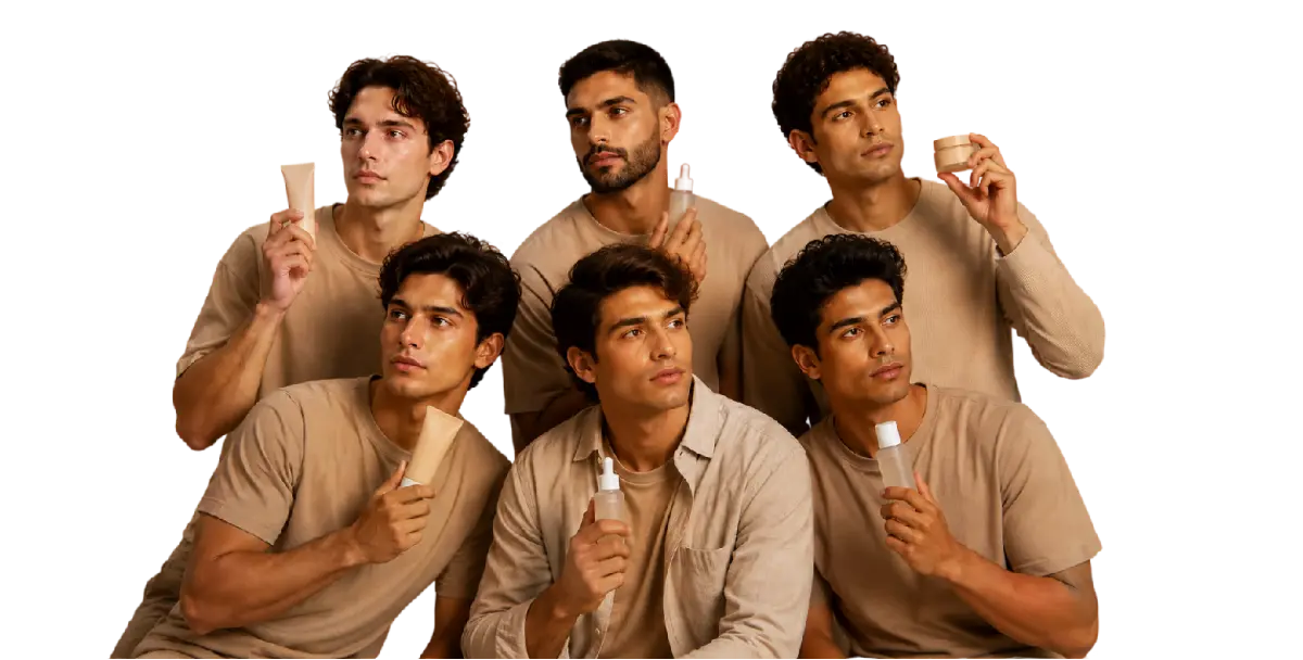 Group of men holding skin care products
