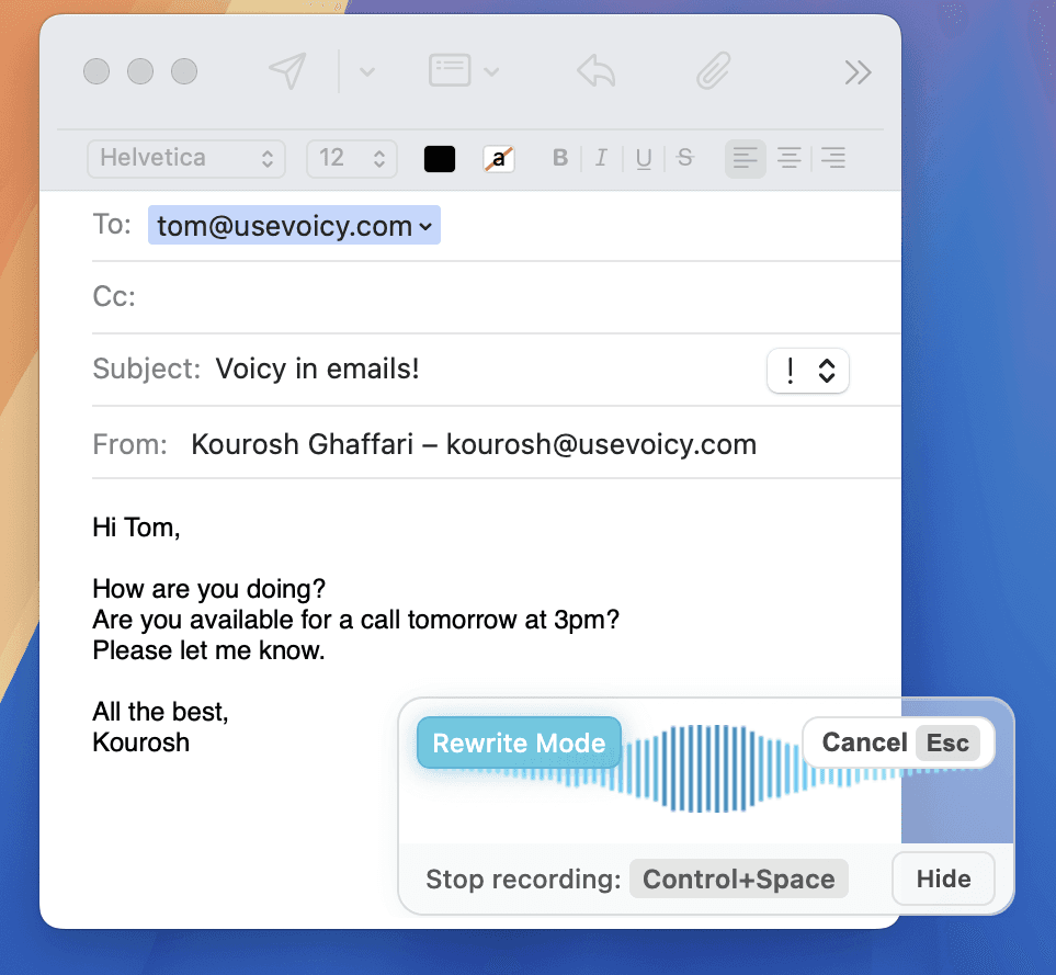 Das Bild zeigt die Sprache-zu-Text-Funktion für E-Mails mit Voicy in der Apple Mail-App.