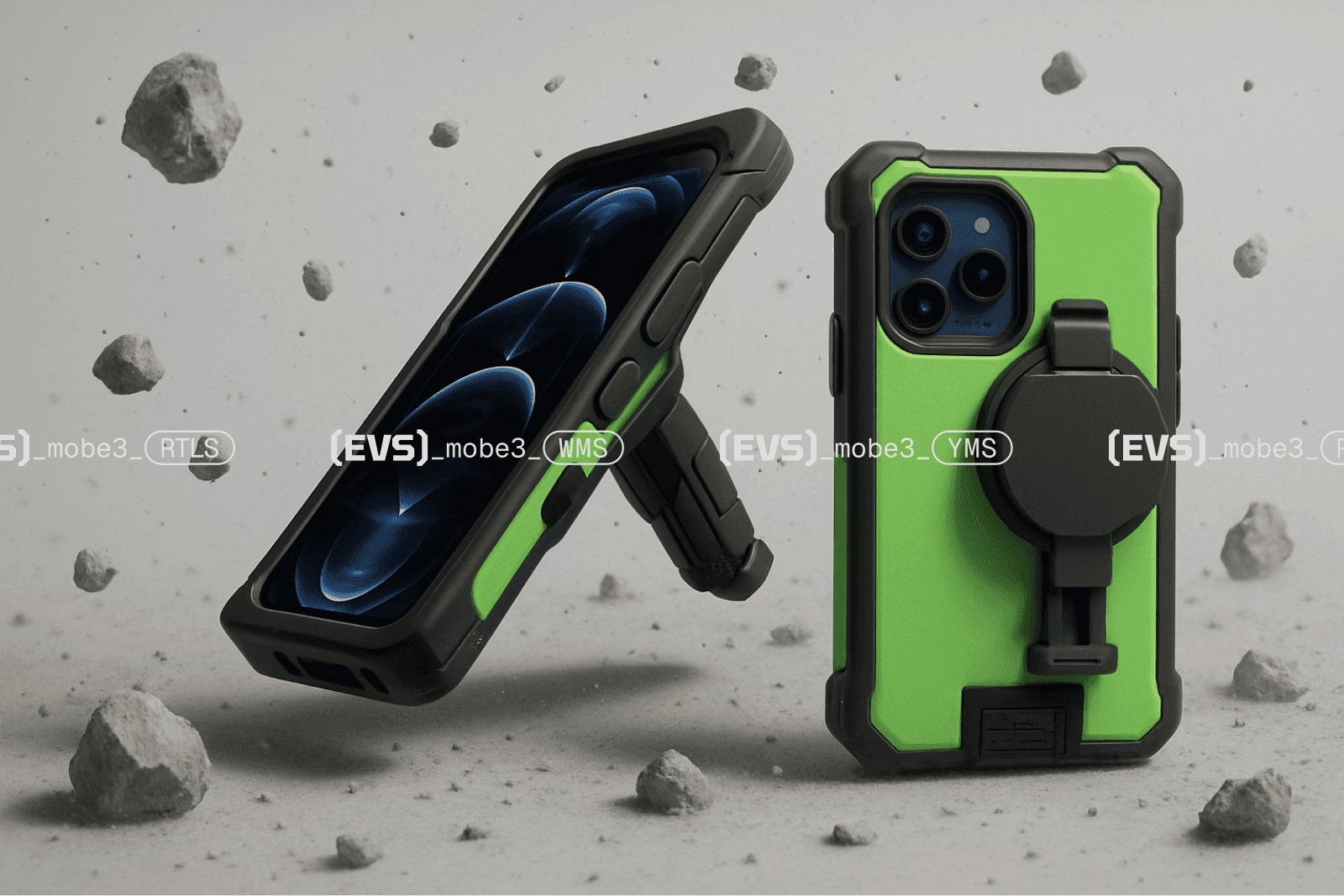 Two rugged EVS phone cases, one bright green and one black, floating among grey rocks with faint “(EVS) mobe3” RTLS, WMS and YMS watermark labels