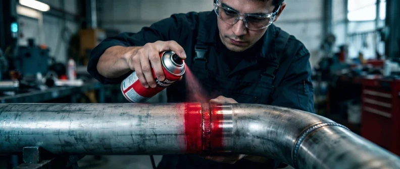 Glospech technician performing ultrasonic testing on pipe flange nozzle weld with angle beam probe and digital UT instrument, industrial plant Gauteng