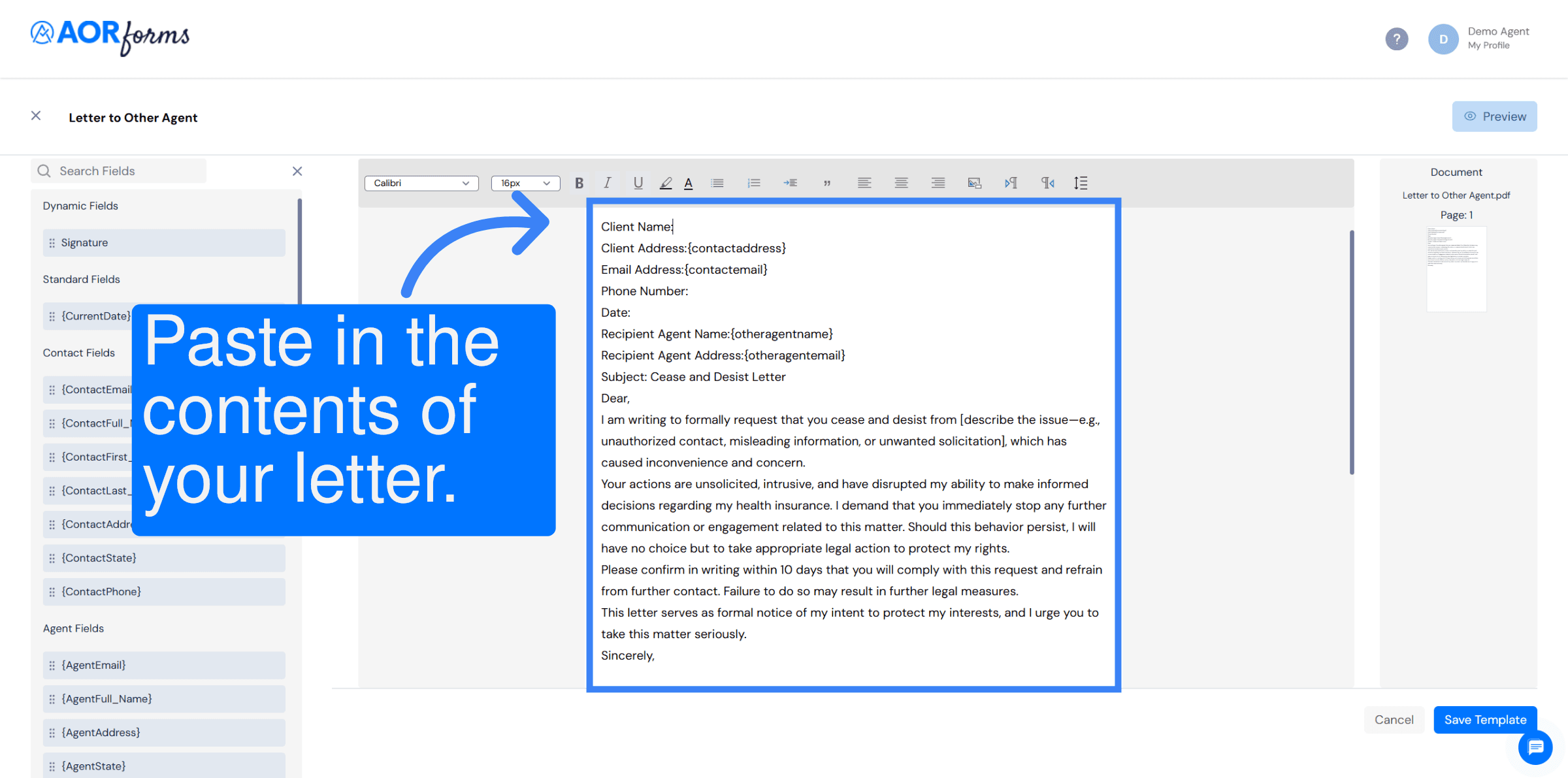 Edit content of the template