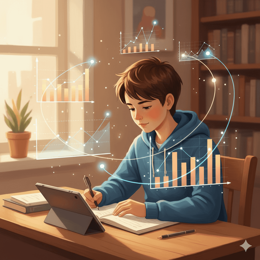 Jovem concentrado a dominar estatística e análise de dados com tablet e visualizações interativas de informação