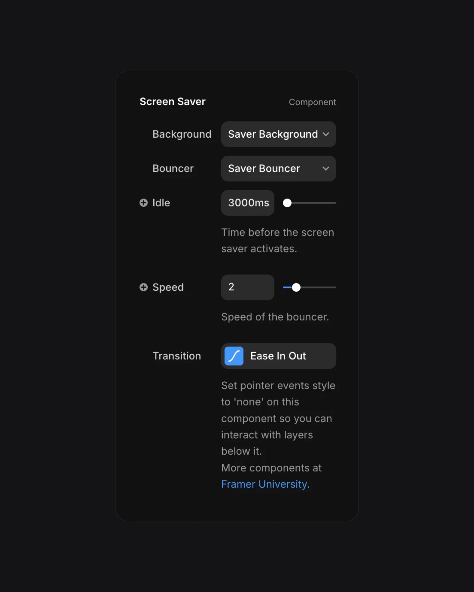 Screen saver component settings panel with options for background, bouncer, idle time, speed, and transition