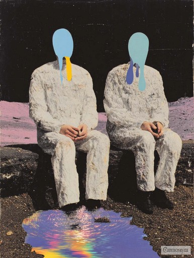 Surreal digital artwork of two faceless figures sitting together, conceptual design by a creative studio.