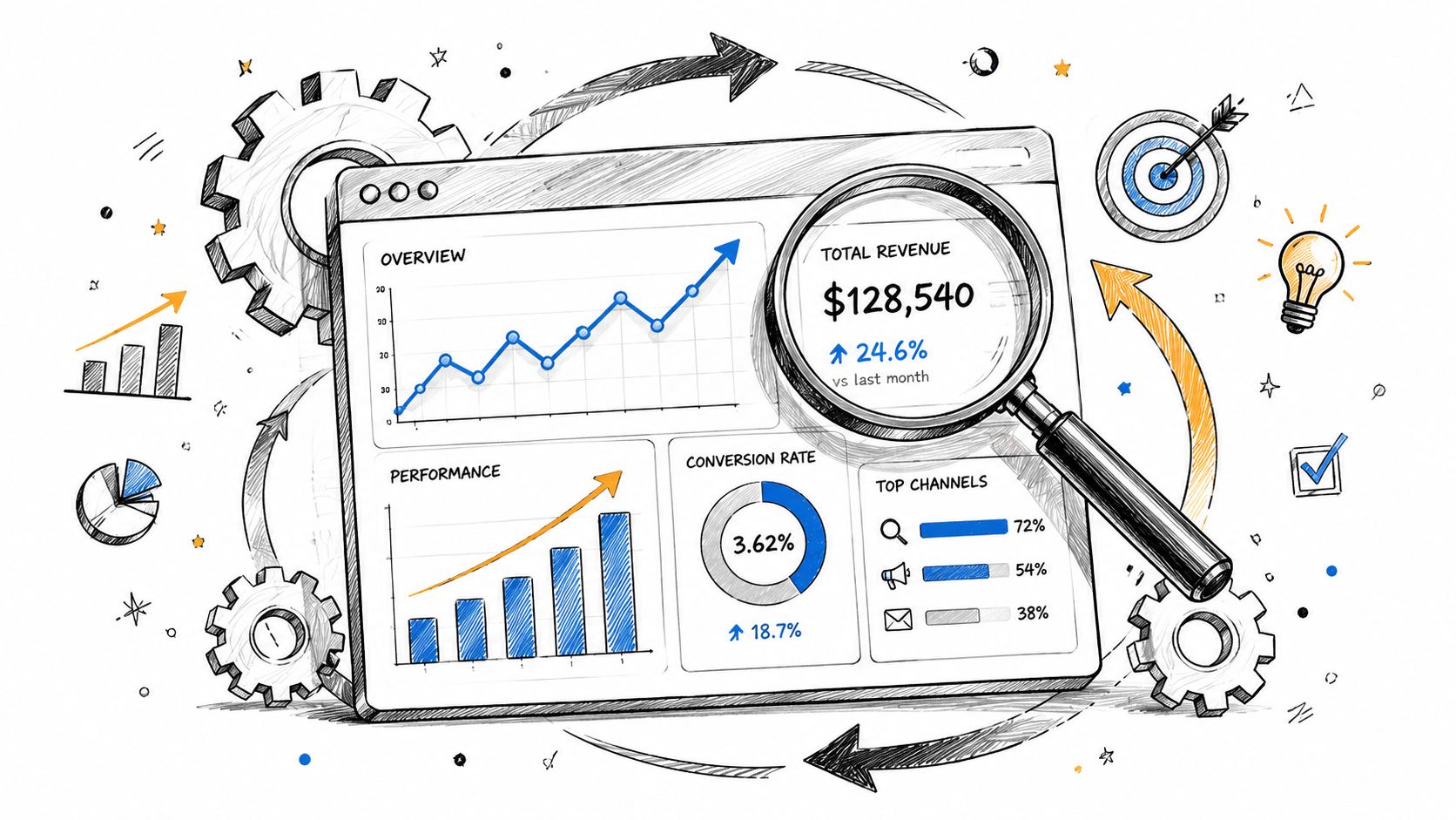 A hand-drawn illustration showing a digital dashboard with graphs, a magnifying glass, and business performance icons.