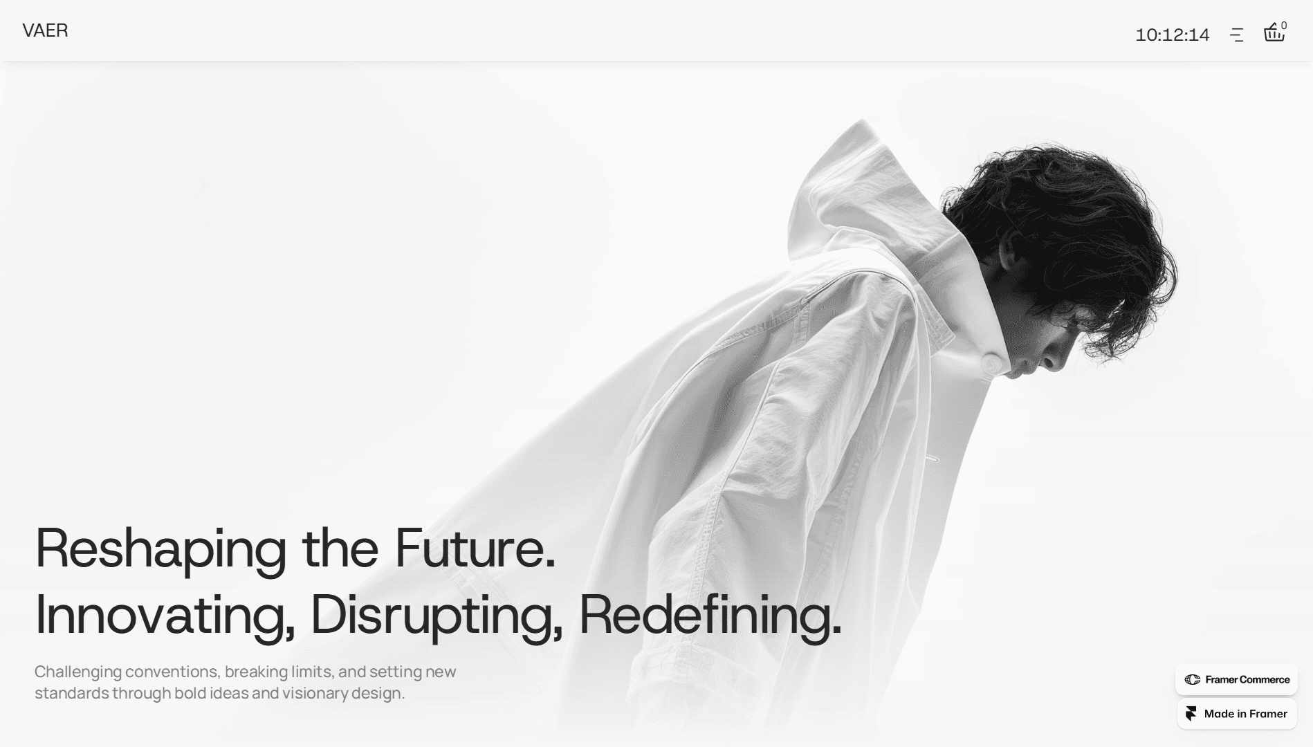 Minimalist homepage hero section featuring a high-key profile photo of a model in a white structural garment. Large text reads "Reshaping the Future. Innovating, Disrupting, Redefining."