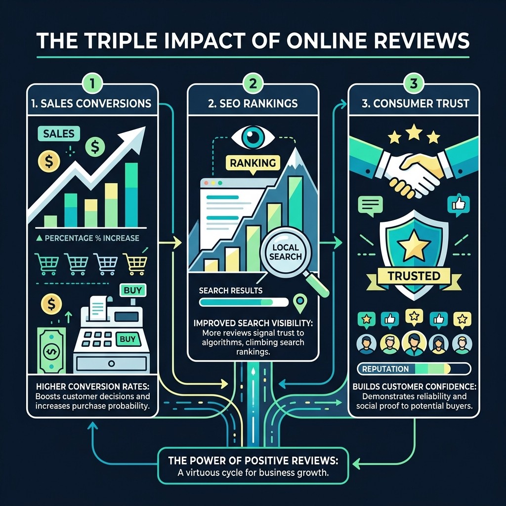 Infographic showing how online reviews impact sales conversions, SEO rankings, and consumer trust - How to get online