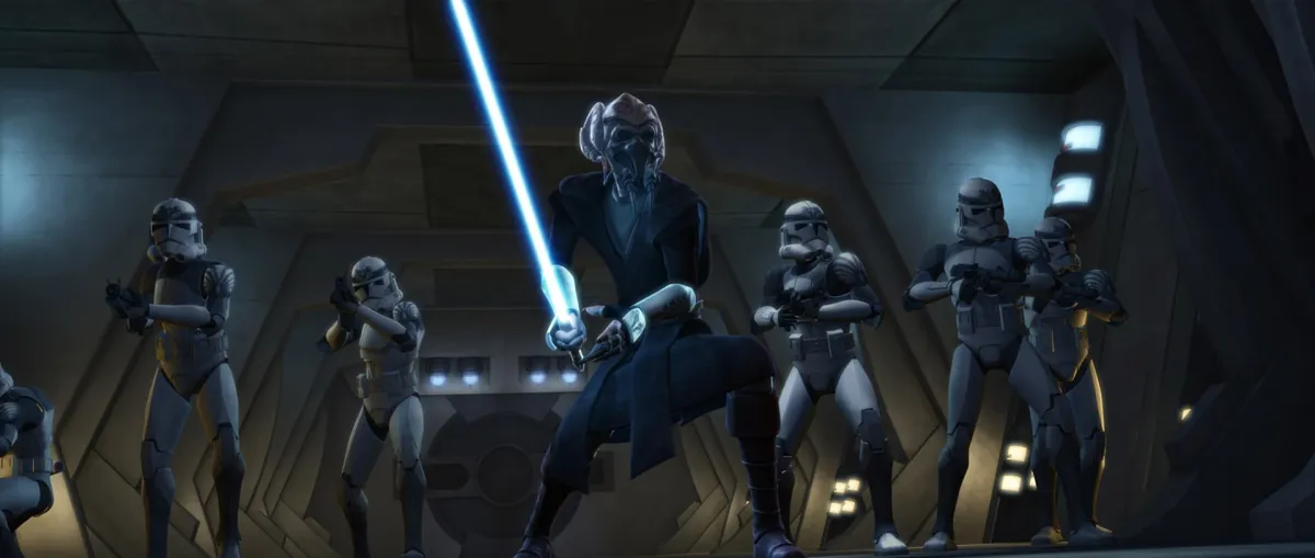 Plo Koon wielding his blue lightsaer ahead of six clone troopers that all belong to his Wolfpack