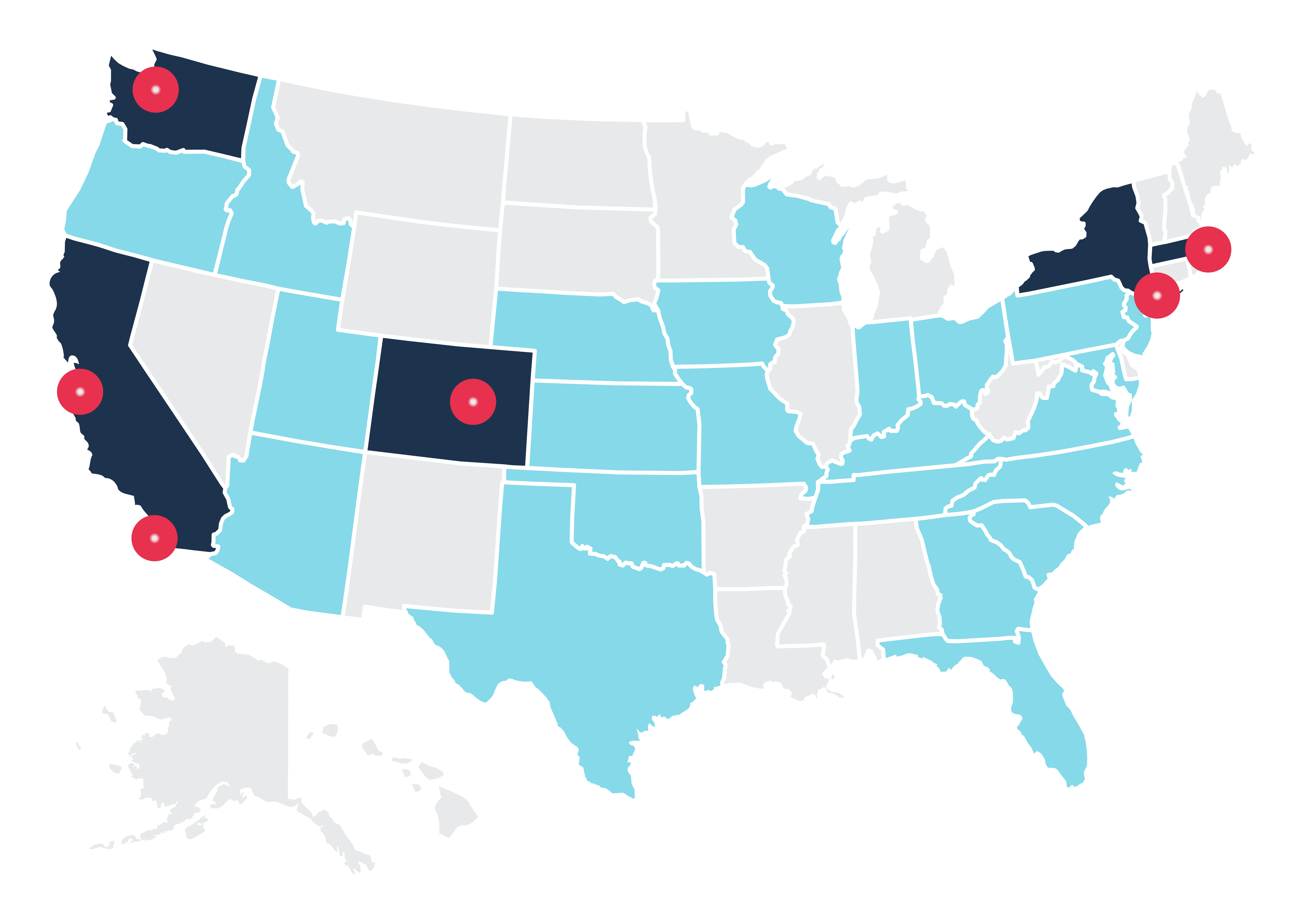 map of united states with colorado, new york and california highlighted as hubs with many employees