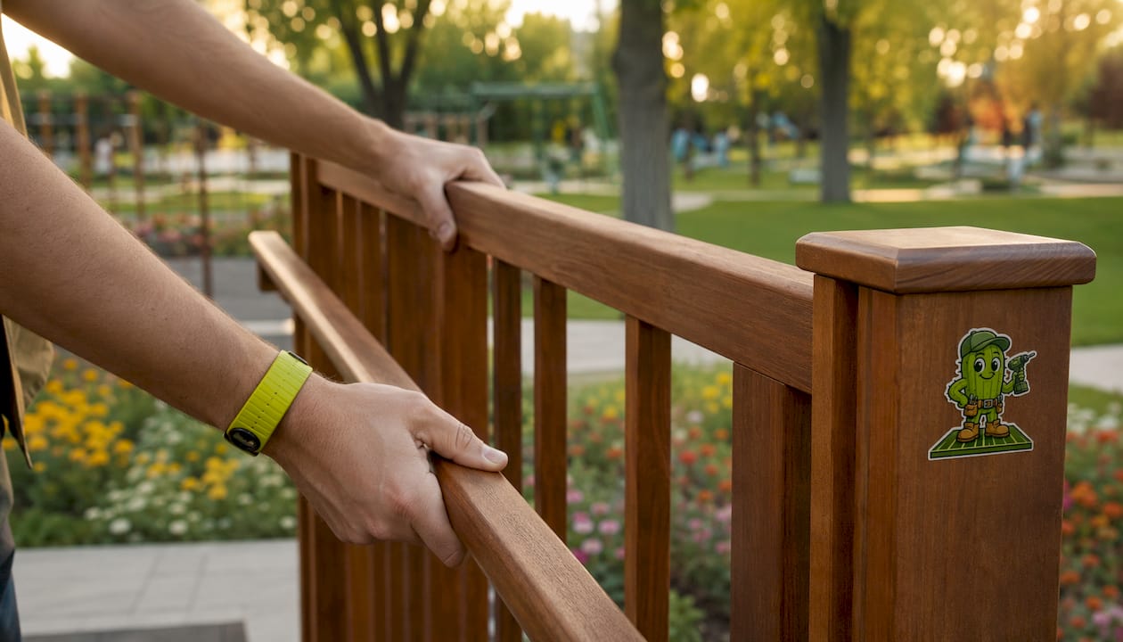 Close-up of stair handrail and guardrail difference