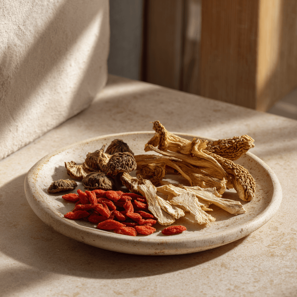 Herbs on plate cinematic background