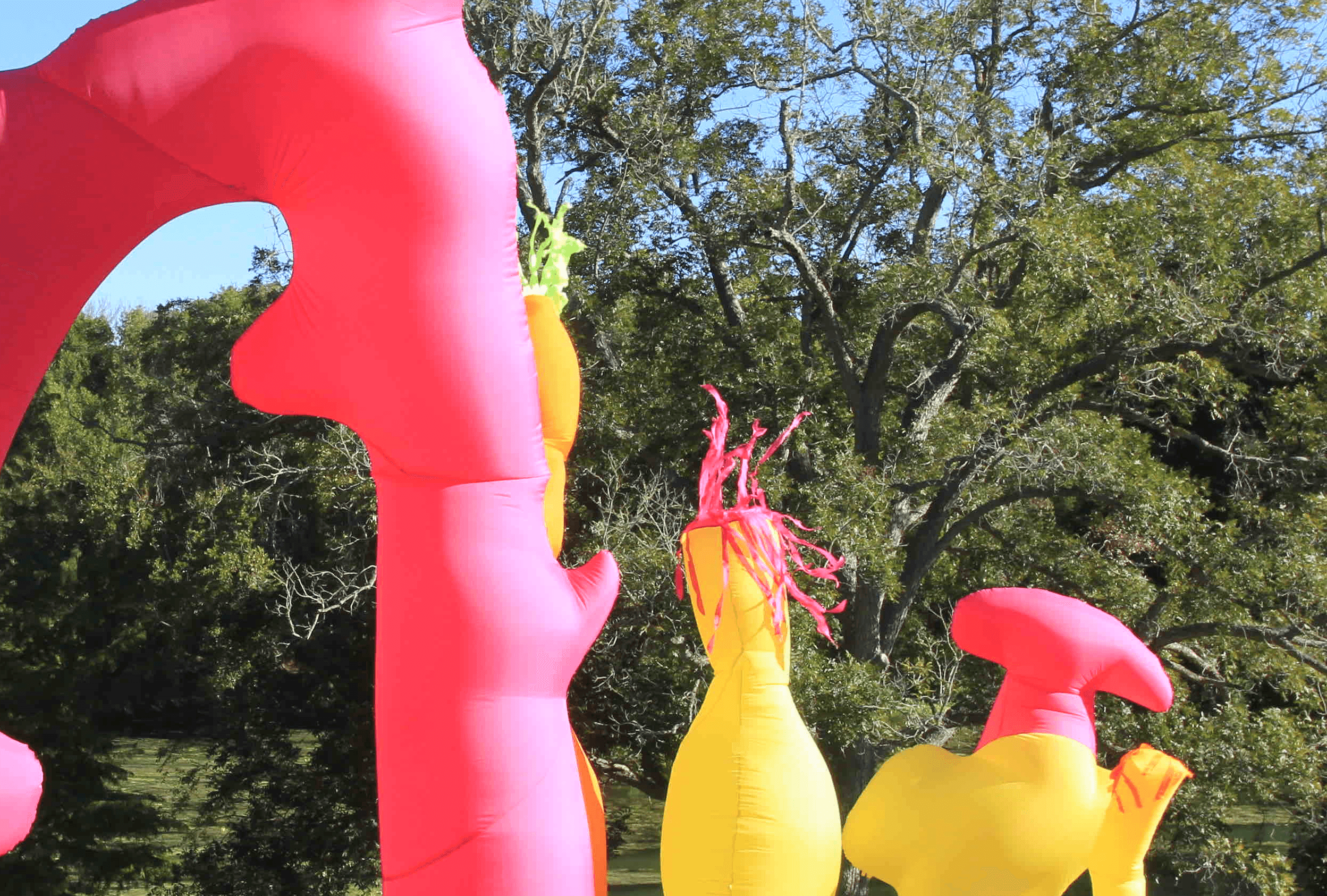 Colorful inflatable decorations in pink and yellow, set against a green tree backdrop.