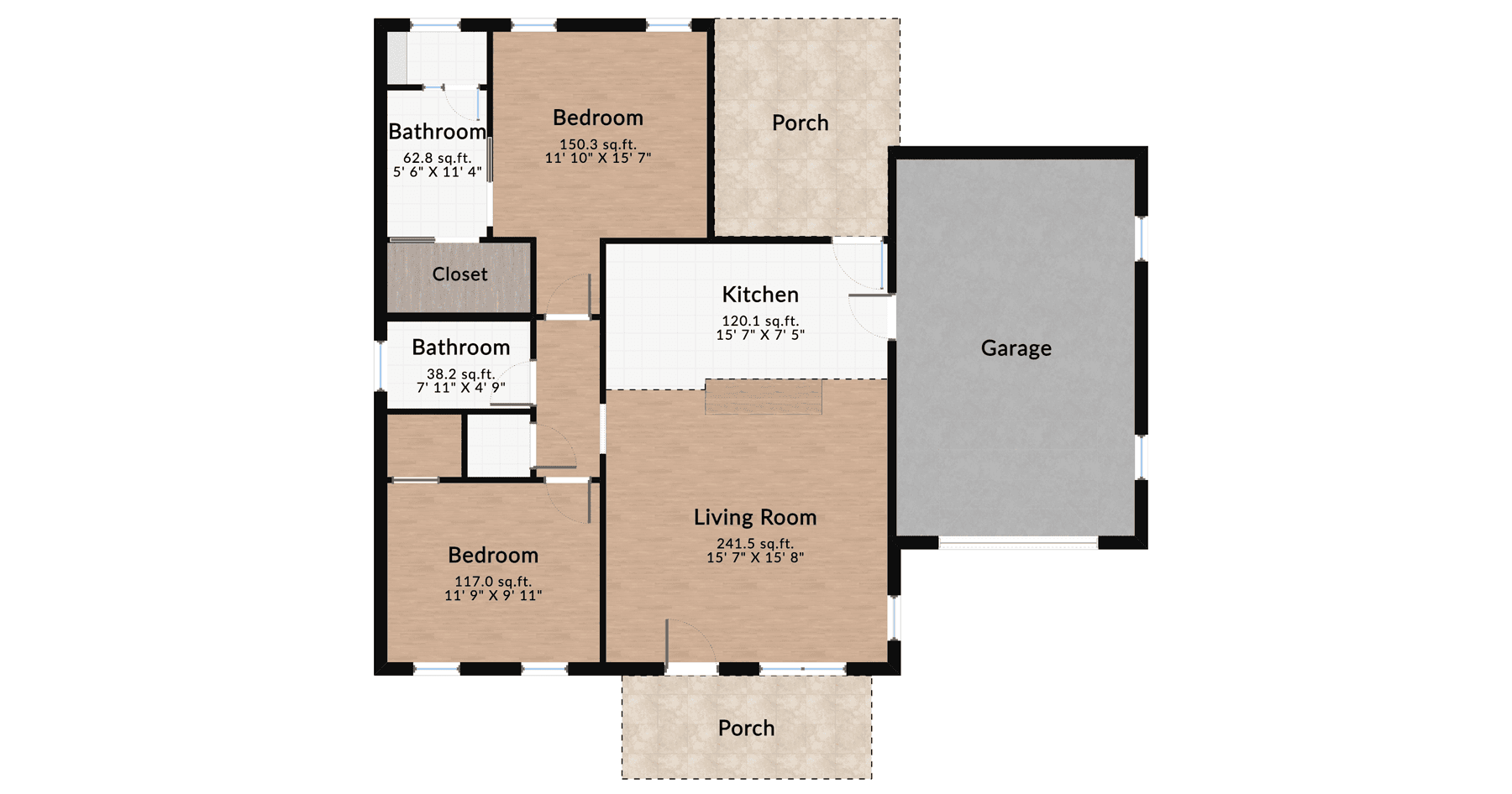 Two-bedroom house floor plan with an open-concept living room, modern kitchen, two bathrooms, a garage, and a porch.