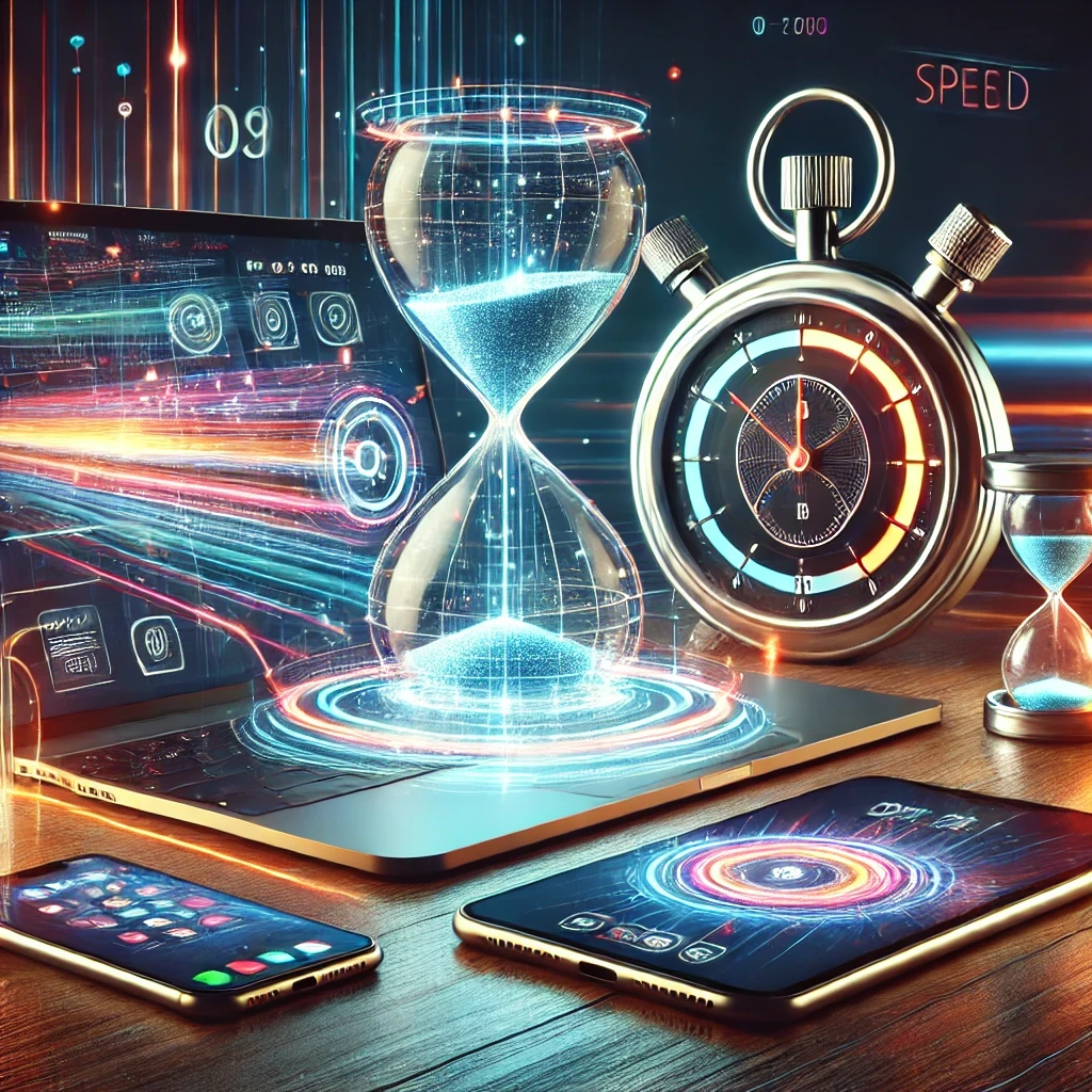 Realistic depiction of website speed concept with modern devices like a smartphone, tablet, and laptop on a sleek wooden desk, accompanied by a glowing hourglass and dynamic digital effects symbolizing fast-loading technology.