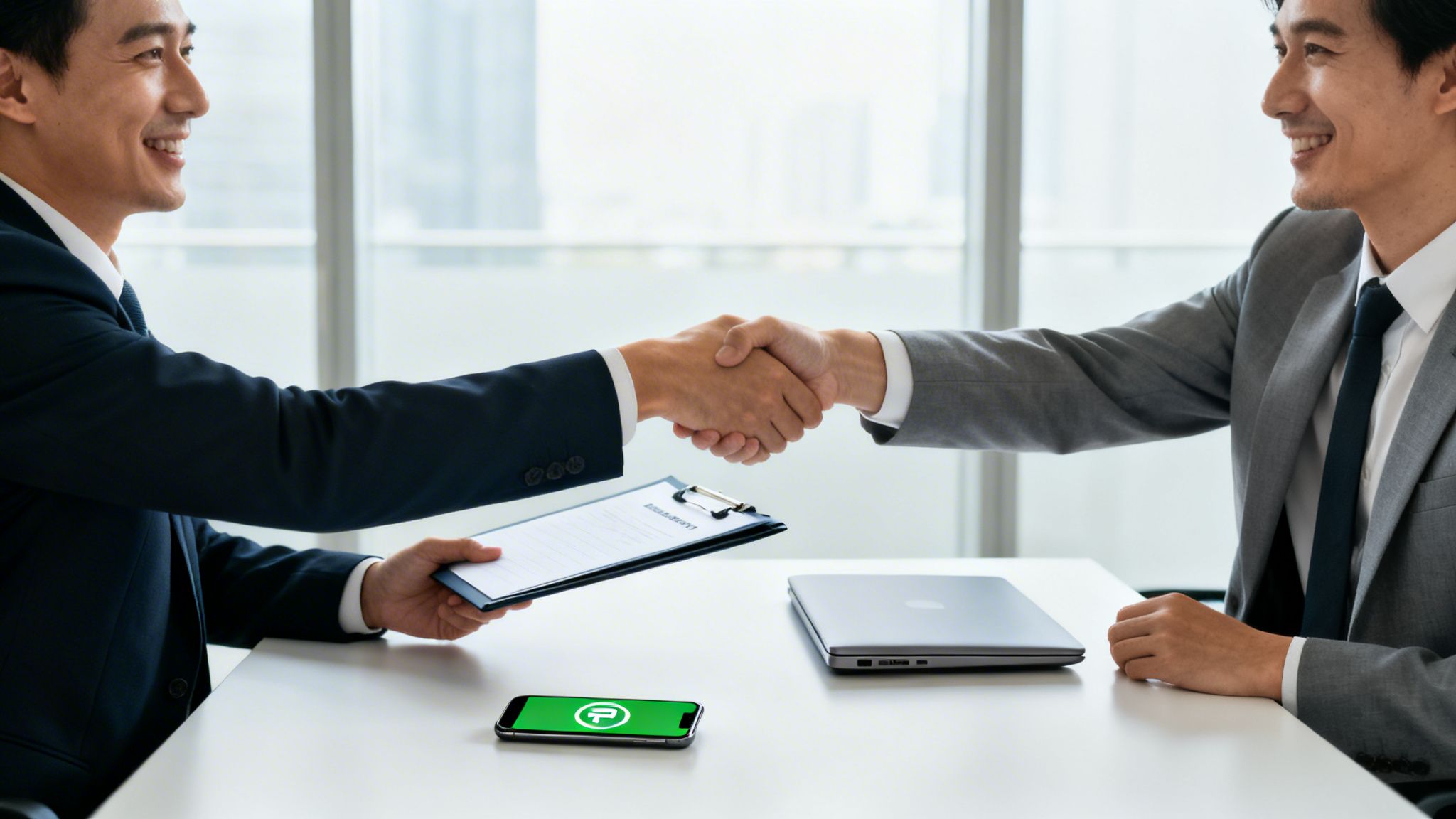 Två leende affärsmän skakar hand vid ett bord under ett möte, med en urklippstavla, laptop och smartphone.
