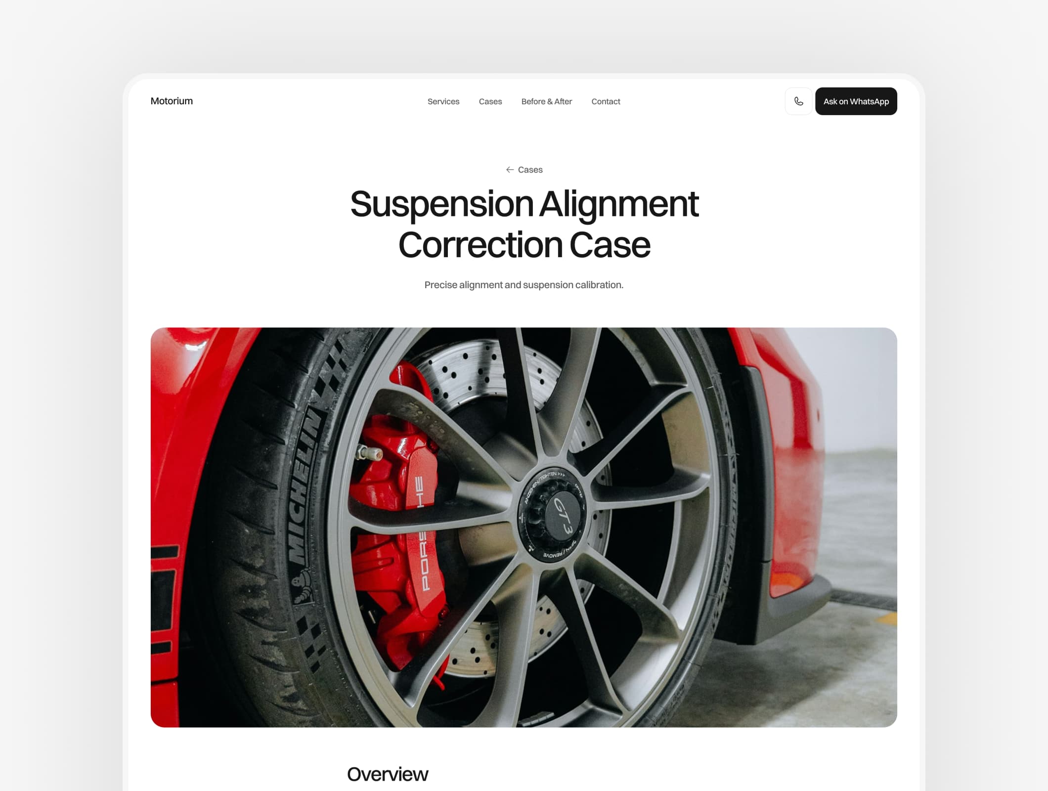 Car repair case study page showing suspension alignment correction with detailed service presentation