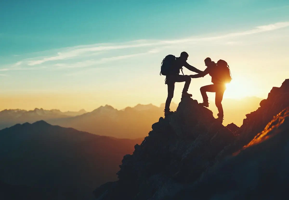Deux personnes équipées de sacs à dos, l’une aidant l’autre à gravir un sommet rocheux au coucher du soleil. En arrière-plan, des montagnes et une lumière orangée. 