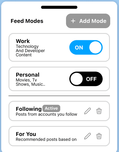 Option B: Work and Personal on top with on/off toggles, Following and For You below a divider